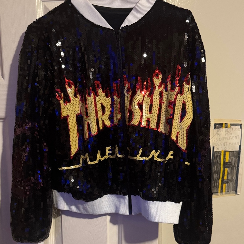 Sequin Bomber Jacket With Flame Design - image 2